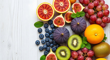 Fruits and berries on white wooden background. Top view with copy spaceの写真素材