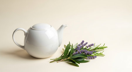 Lavender tea in a white teapot on a beige backgroundの写真素材