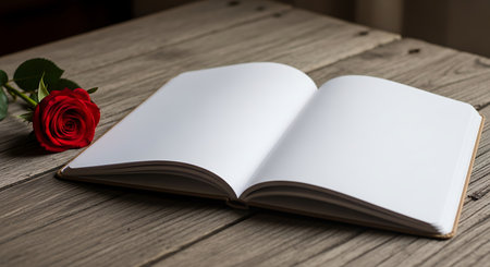 Open book with red rose on wooden table, Valentines day conceptの写真素材