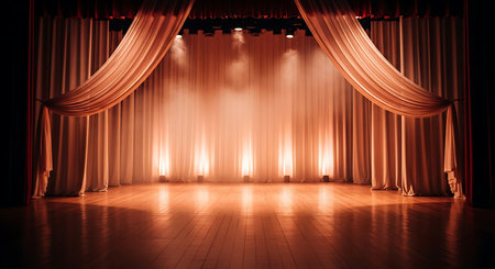 Stage curtains illuminated by spotlights. 3d render illustration. Empty stage background.の写真素材