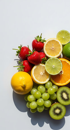 Fruits on a white background. Lemon, lime, strawberry, grape, kiwi.の写真素材