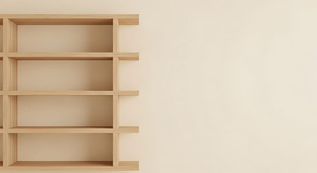 Empty wooden shelf on beige wall. 3D rendering illustration.