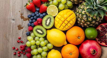 Healthy fruits and berries on a wooden table. Top view.