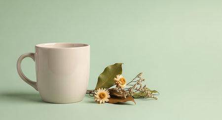 Coffee cup and dry flowers on pastel green background.