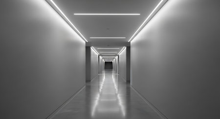 3d rendering of empty corridor in modern office building with white lightsの写真素材
