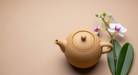 Teapot and orchid on beige background. Top view.の写真素材
