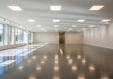 interior of modern bright empty room with white walls and wooden floorの写真素材