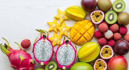 Exotic fruits on white wooden background. Dragon fruit, kiwi, lychee, passion fruit, mango.の写真素材
