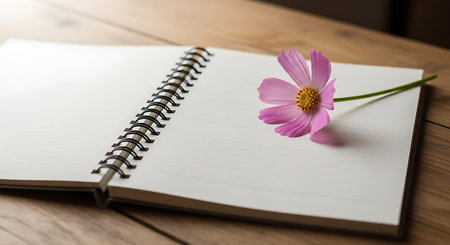 Blank notebook with pink flower on wooden table background, stock photo