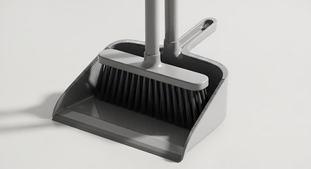 Cleaning equipment, broom and dustpan on white background. 3d renderingの写真素材