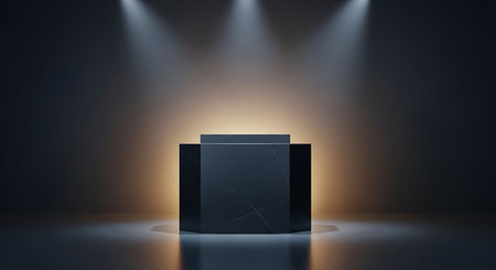 Black podium in dark room illuminated by spotlights. 3D renderingの写真素材