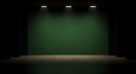 Empty green room with spotlights, 3d rendering. Computer digital drawing.の写真素材