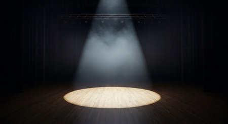 Empty stage with spotlight and smoke in dark room. 3D rendering