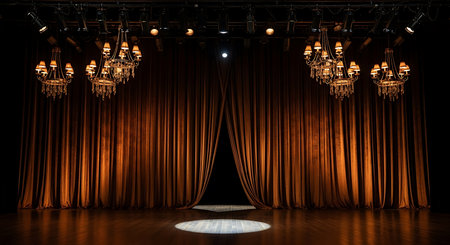 Stage theater curtain with lighting and spotlights. 3D Renderingの写真素材
