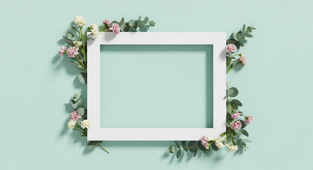 Flowers composition. Frame made of white flowers and eucalyptus branches on pastel blue background....