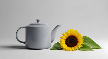 Teapot and sunflower on grey background. 3D renderingの写真素材