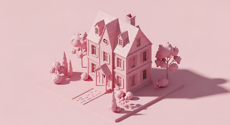 3d render of a pink house with trees and snowflakes