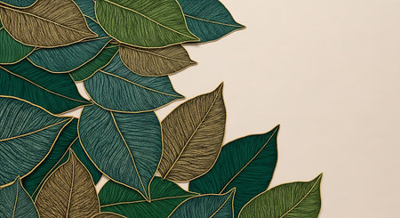 Ficus leaves on beige background. Flat lay, top view