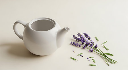 White teapot with lavender flowers on a beige backgroundの写真素材