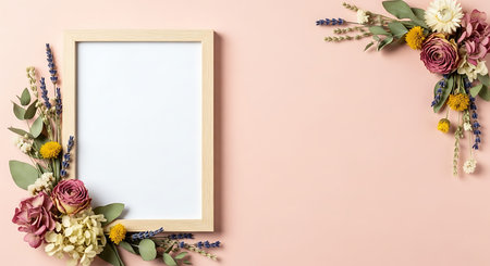 Flowers composition. Frame mockup on pink background. Flat lay, top view, copy space
