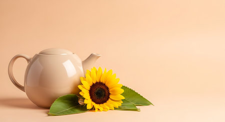 Ceramic teapot and sunflower on beige backgroundの写真素材