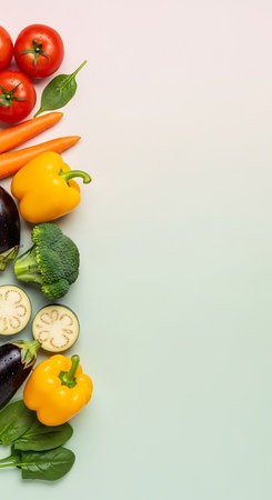 Fresh vegetables on a light background, top view, copy space.の写真素材