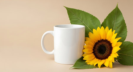 Coffee cup and sunflower on beige background. Copy space.の写真素材