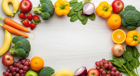 Fruits and vegetables on a white wooden background. Top view.