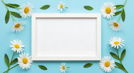 White frame with daisies on blue background. Flat lay, top view.