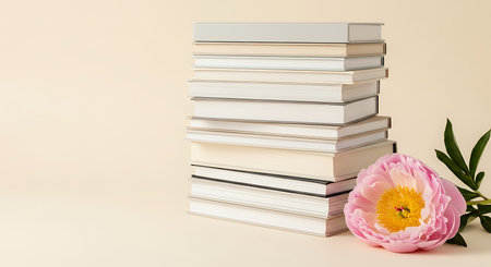 Stack of books with peony flower on pastel beige backgroundの写真素材