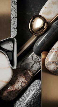 3d render of abstract marble background with gold and black elements.