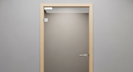 3d rendering of a wooden door in a room with gray wallsの写真素材