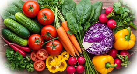 Fresh vegetables on a wooden table. Healthy food background. Top view.の写真素材
