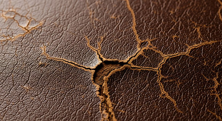 Cracks on the brown leather texture background. Close-up.の写真素材
