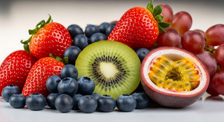 Close up of fresh fruits and berries on white background with copy spaceの写真素材