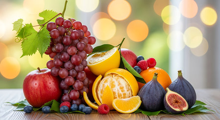 Fruits and berries on a wooden table in front of bokeh backgroundの写真素材