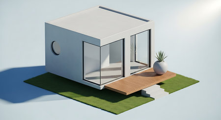3d render of a modern house with green grass and flower potの写真素材