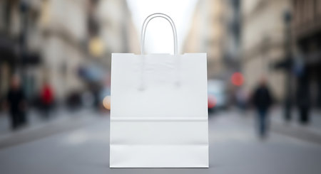 Blank white paper shopping bag on the street. 3d renderingの写真素材