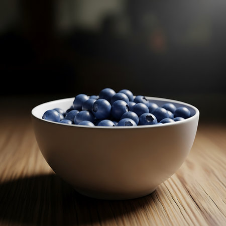 Blueberries in a bowl on a wooden table. Selective focus.の写真素材