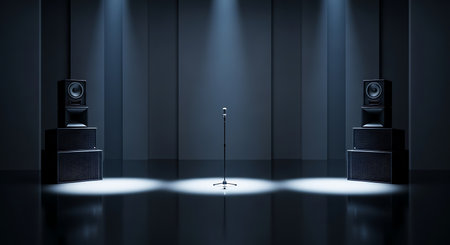 3d rendering of a stage with speakers and spotlights in the darkの写真素材