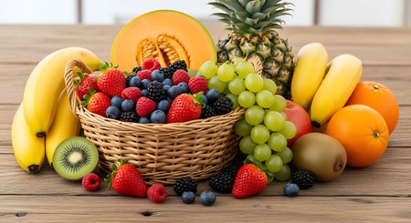 Fresh fruits on wooden background. Healthy eating and dieting concept.の写真素材