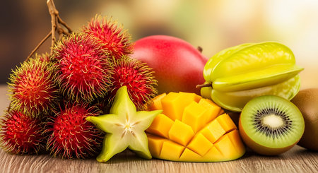 Rambutan, mango and kiwi fruit on wooden background