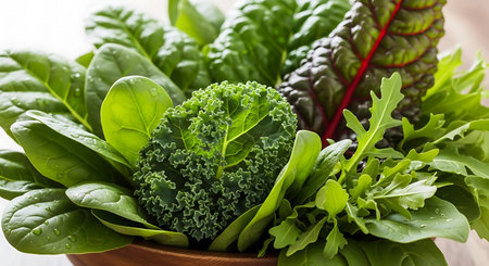 Bowl with fresh green leaves of kale, spinach and chard