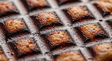 Close up of waffle with water drops on the surface. Macro