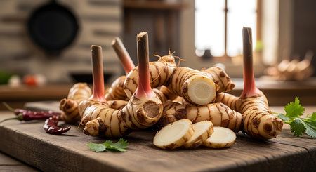 Fresh galangal on a wooden board. Selective focus.
