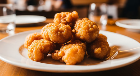 fried chicken nuggets on a white plate, close-up