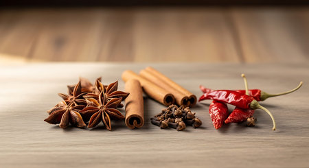 Spices and herbs on wooden background. Selective focus, shallow depth of field.
