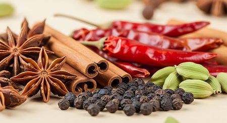 Spices and herbs on a wooden background. Selective focus.