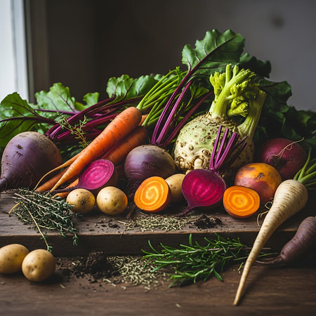 Fresh organic vegetables on rustic wooden table. Selective focus.