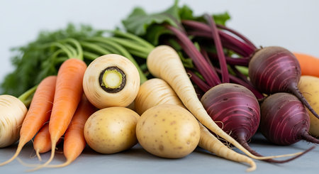 Vegetables on a gray background. Carrots, beets, potatoes, carrots.